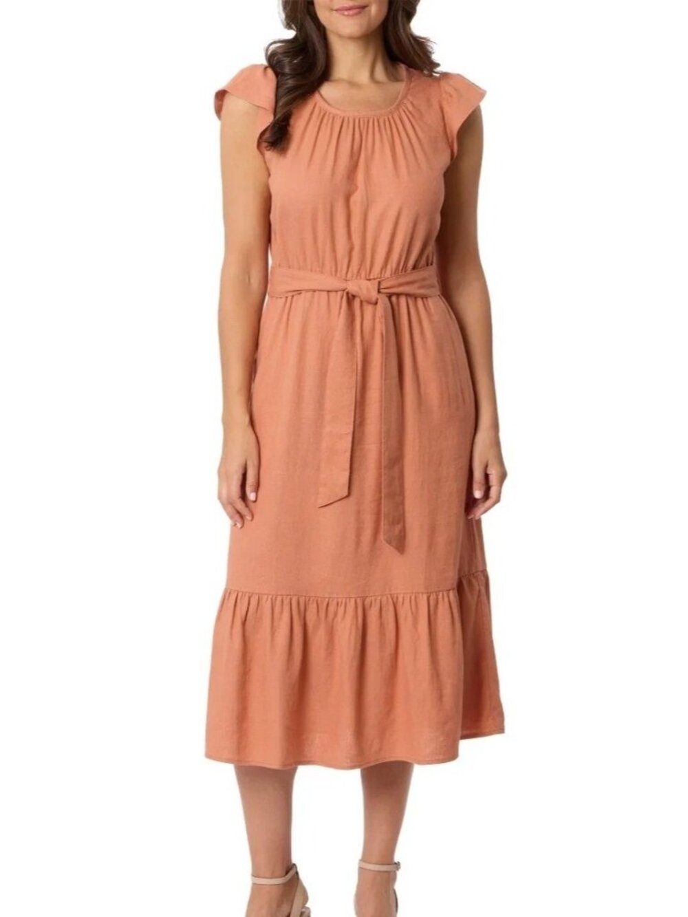 NWT Briggs Women's S Tiered Midi Dress Rust Linen Blend